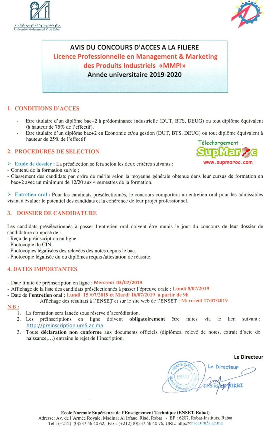ENSET Rabat Licence Professionnelle MMPI  2019 2020