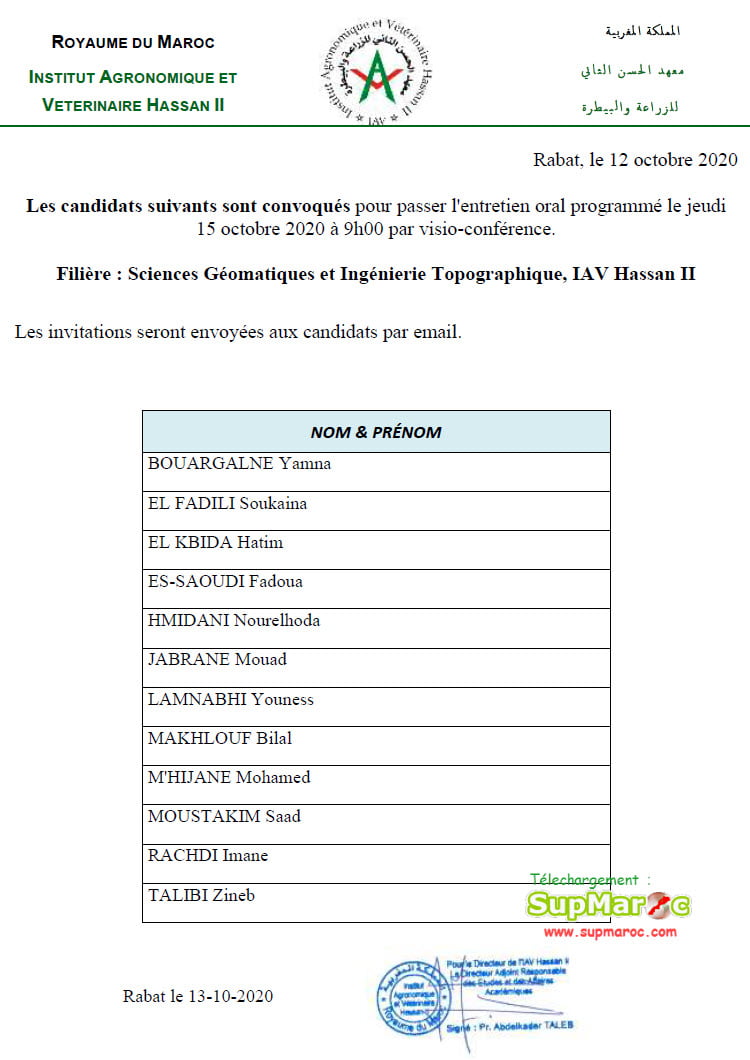 Préselection Concours IAV Rabat Ingénieur 2020 - 2021