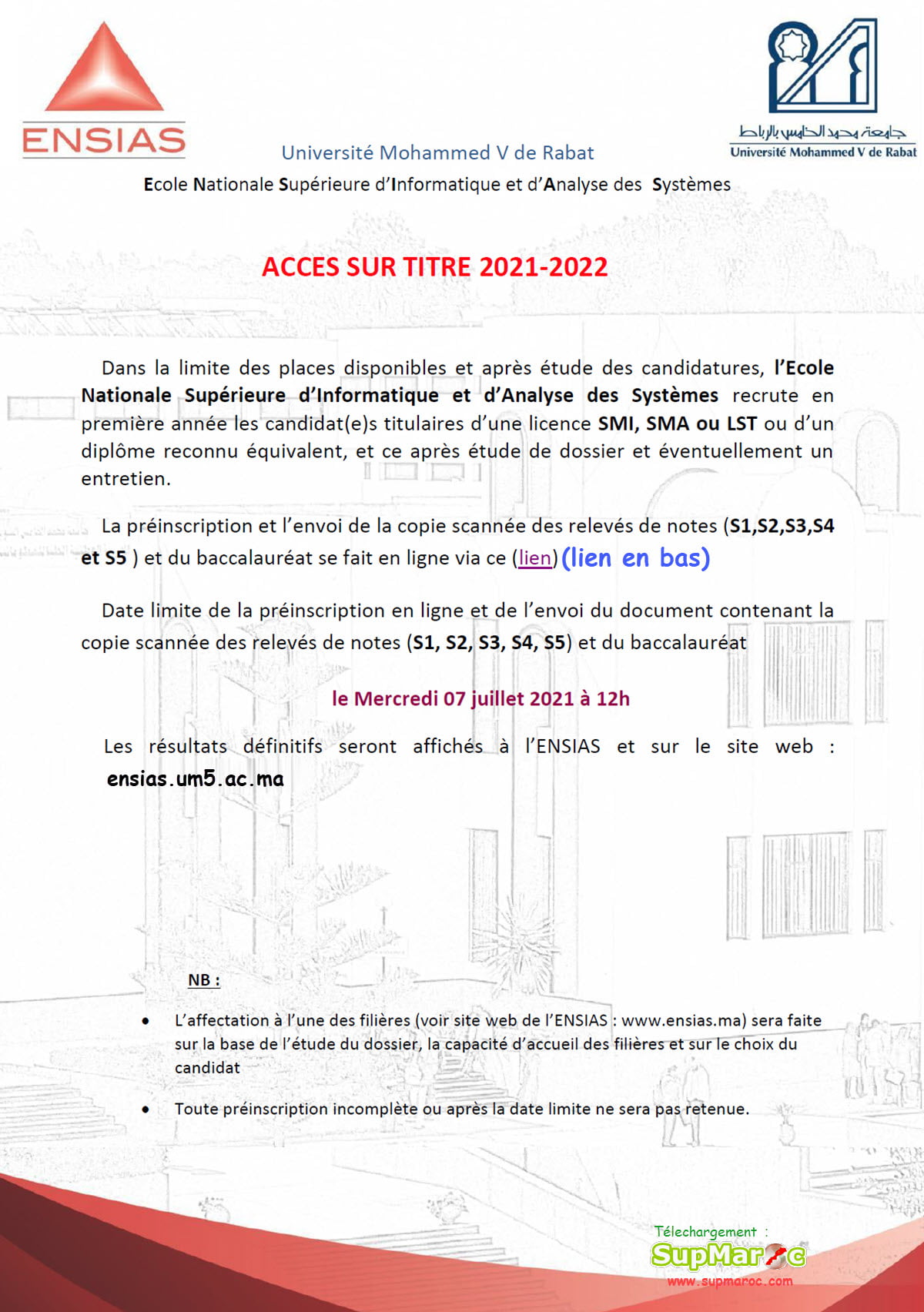 Concours ENSIAS Rabat Accès Titre licence  2021 2022