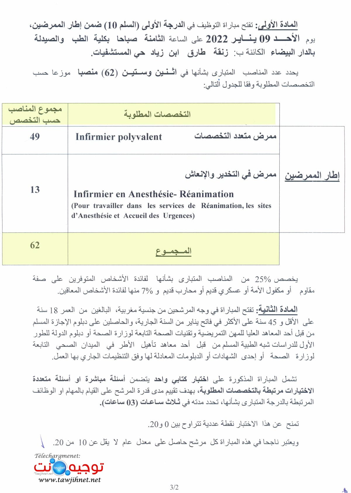 Concours 62 Infirmiers CHU Ibn Rochd 2021