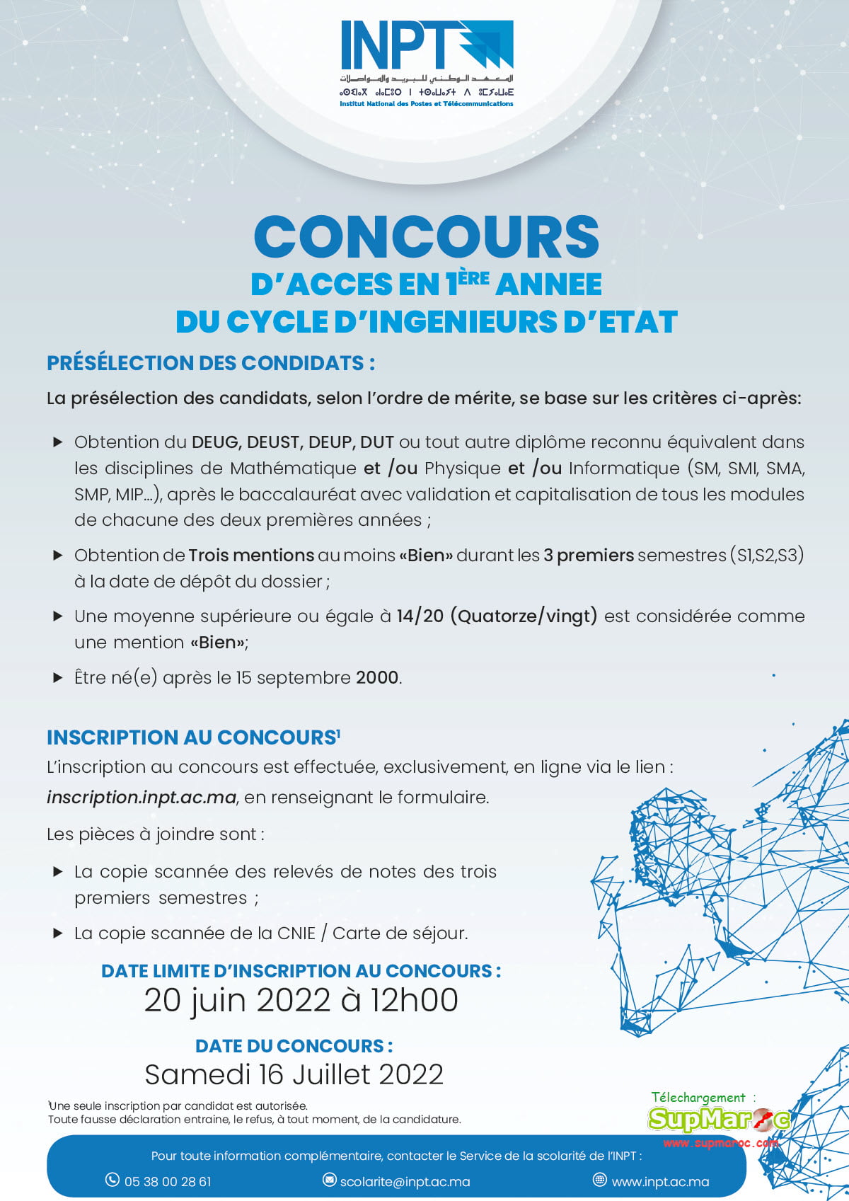 Concours INPT Rabat 1ere année  Institut National  des  Postes et Télécommunication 2022 2023