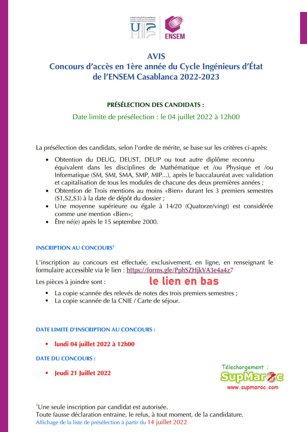 Concours  ENSEM Casa Casablanca  Ecole Nationale Supérieure d'Electricité et de Mécanique de Casablanca2022 2023