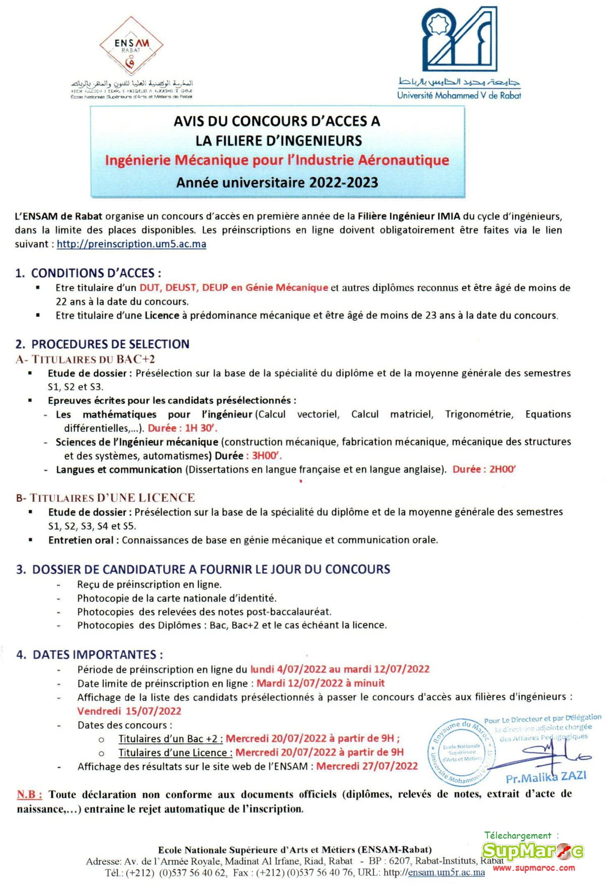 ENSAM Rabat concours 1ere année ingénieure 2022 2023