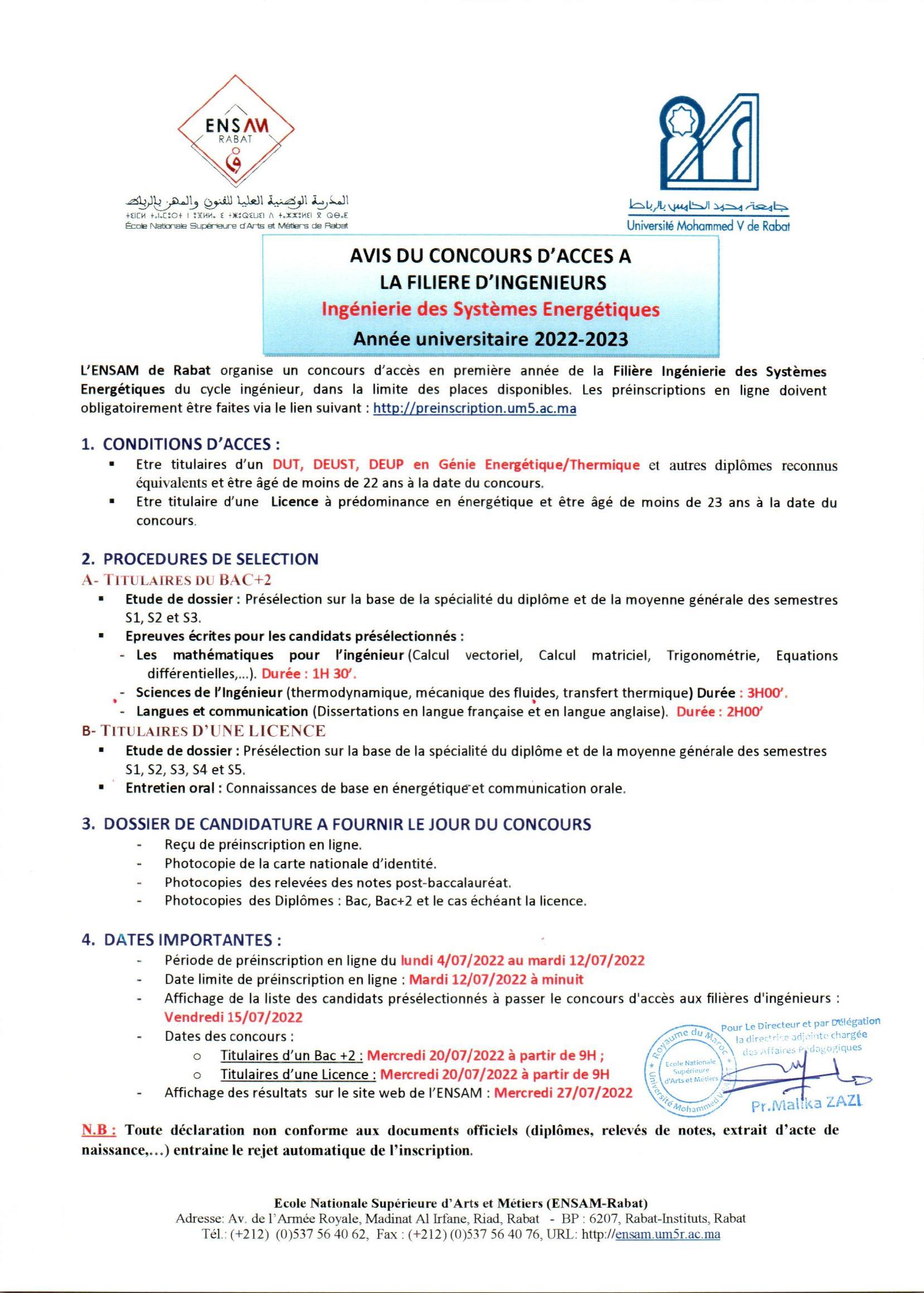 ENSAM Rabat concours 1ere année ingénieure 2022 2023