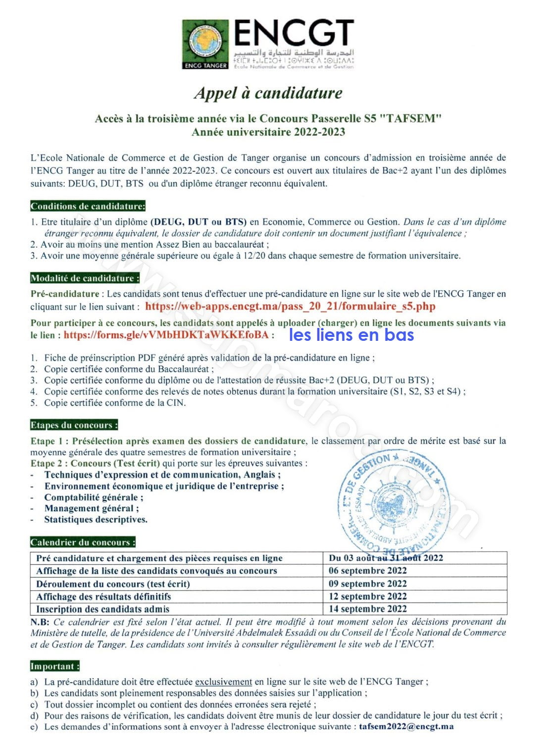 ENCG Tanger Concours TAFSEM 3ème S5 2022-2023