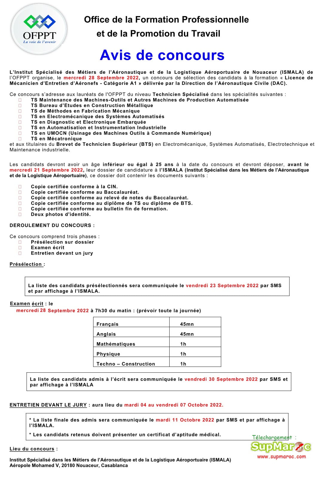 ISMALA OFPPT LP Mécanicien aéronefs A1 DAC 2022-2023