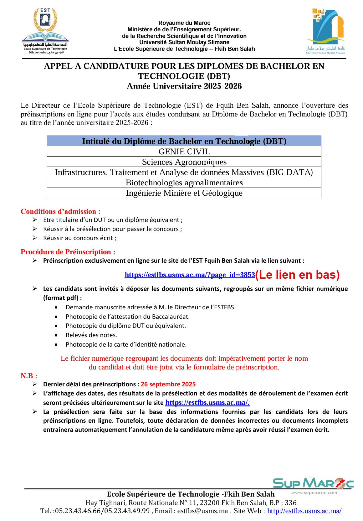 EST Fkih Ben Saleh Bachelor en Technologie DBT 2025 2026